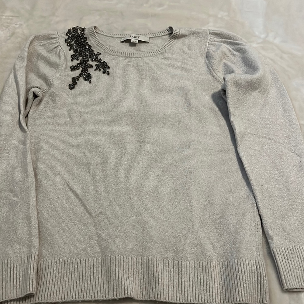 Loft cream colored sweater with jewel embellishments on top shoulder